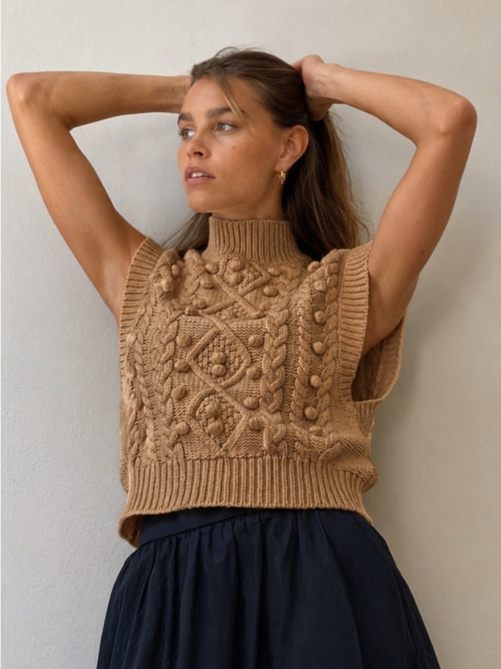 Wilfred Cable Knit Sweater Vest Camel Bobble Mock Neck XS